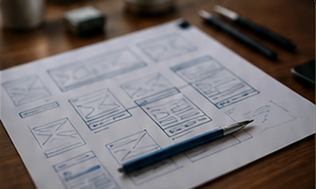 Wireframes de interface sobre uma mesa representando um projeto parcial